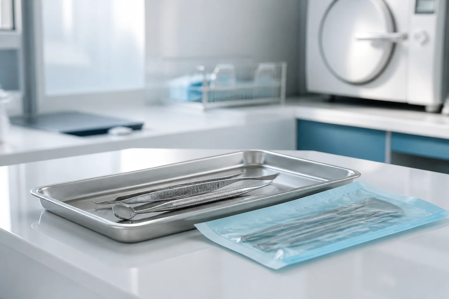 Temsili sterilizasyon alanında hazırlanmış diş hekimliği aletleri